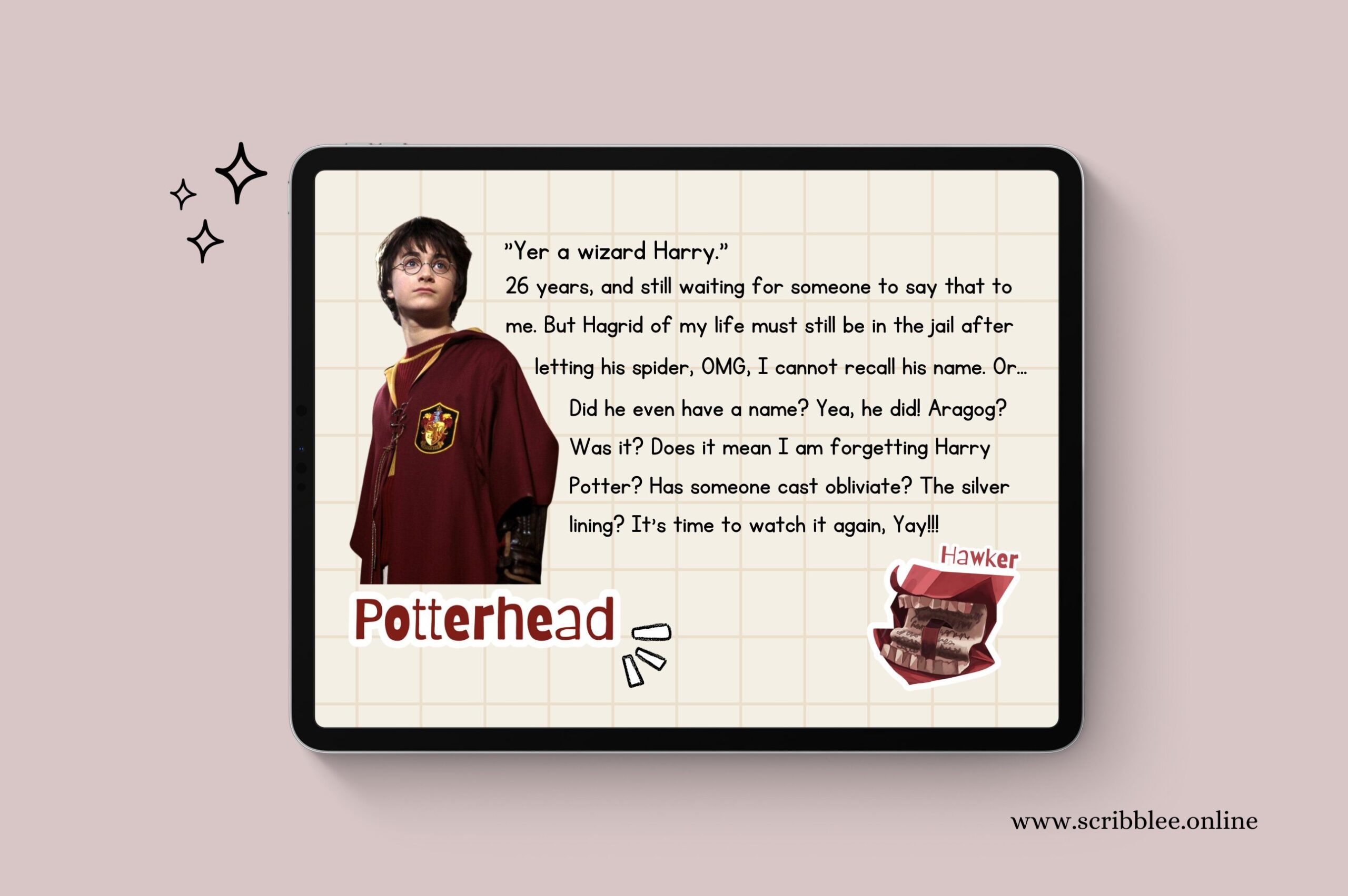 a digital journal opened in an ipad designed using harry potter themed potterhead stickers, helping in choosing the right format of digital stickers-scribblee