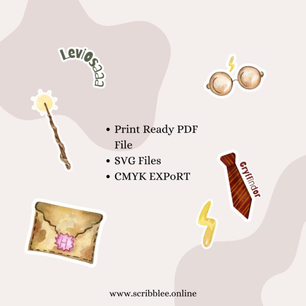 harry potter themed stickers including hogwarts letter, magic wand and leviosa by scribblee