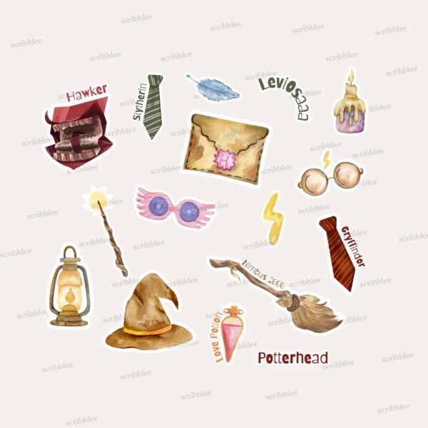 16 stickers themed on harry potter series including the love potion, nimbus 2000, and hawker by scribblee