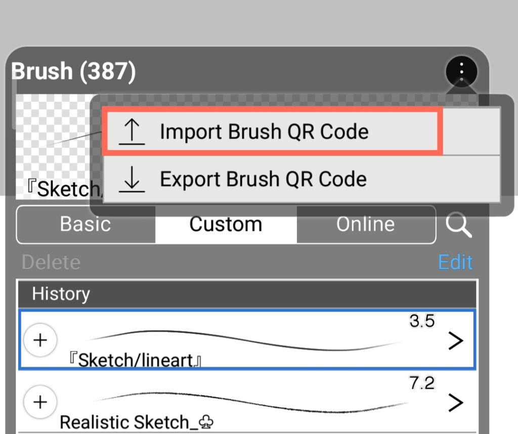using the 3 dots on the top right corner of the brush tool, select import brush qr code - scribblee