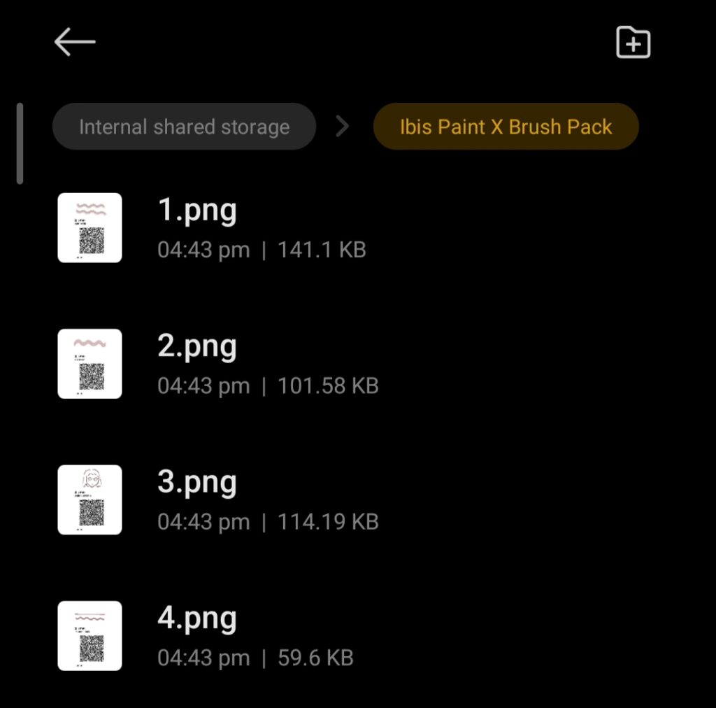 extracted qr codes of ibis paint x brushes in a folder in the file manager - scribblee
